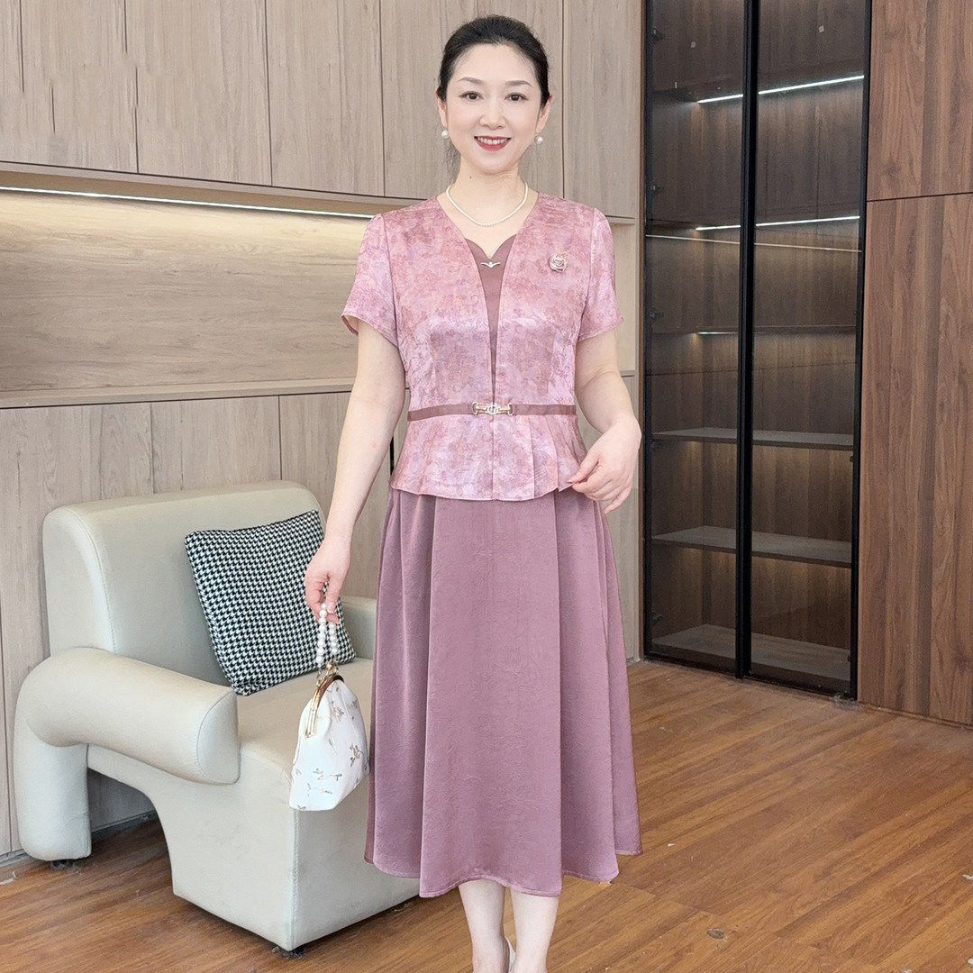 母亲节妈妈装新中式印花连衣裙
