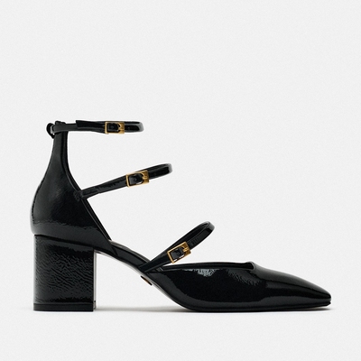 西班牙ZA2024夏季新款时尚玛丽珍高跟凉鞋黑色搭扣饰穆勒鞋粗跟鞋