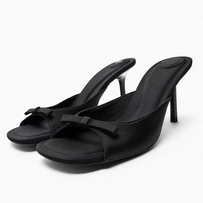 ZA夏季新款黑色蝴蝶结装饰气质高跟凉鞋细跟一字带外穿凉拖穆勒鞋