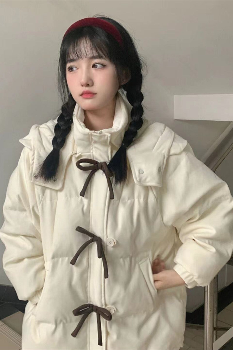 蝴蝶结白色羽绒棉服女冬季宽松加厚外套韩版设计感小众学院风棉衣