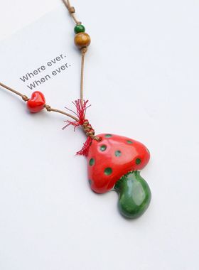 景德镇多巴胺彩色秋冬项链配饰女陶瓷蘑菇长款编织卫衣毛衣链跨境