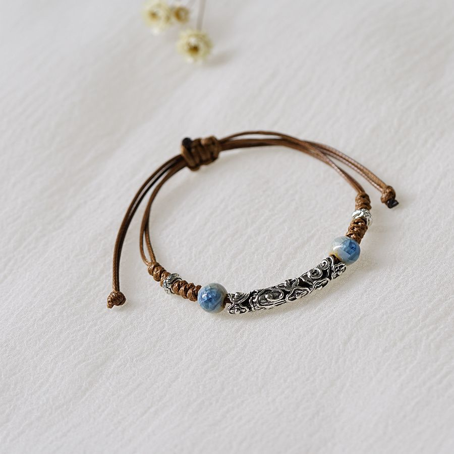 古风文艺编织镂空祥云合金景德镇陶瓷手链女民族风可调节新中式