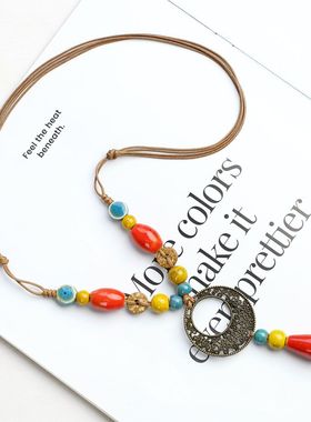 秋冬新款景德镇陶瓷可调节长款项链毛衣链古风百搭配饰气质甜美