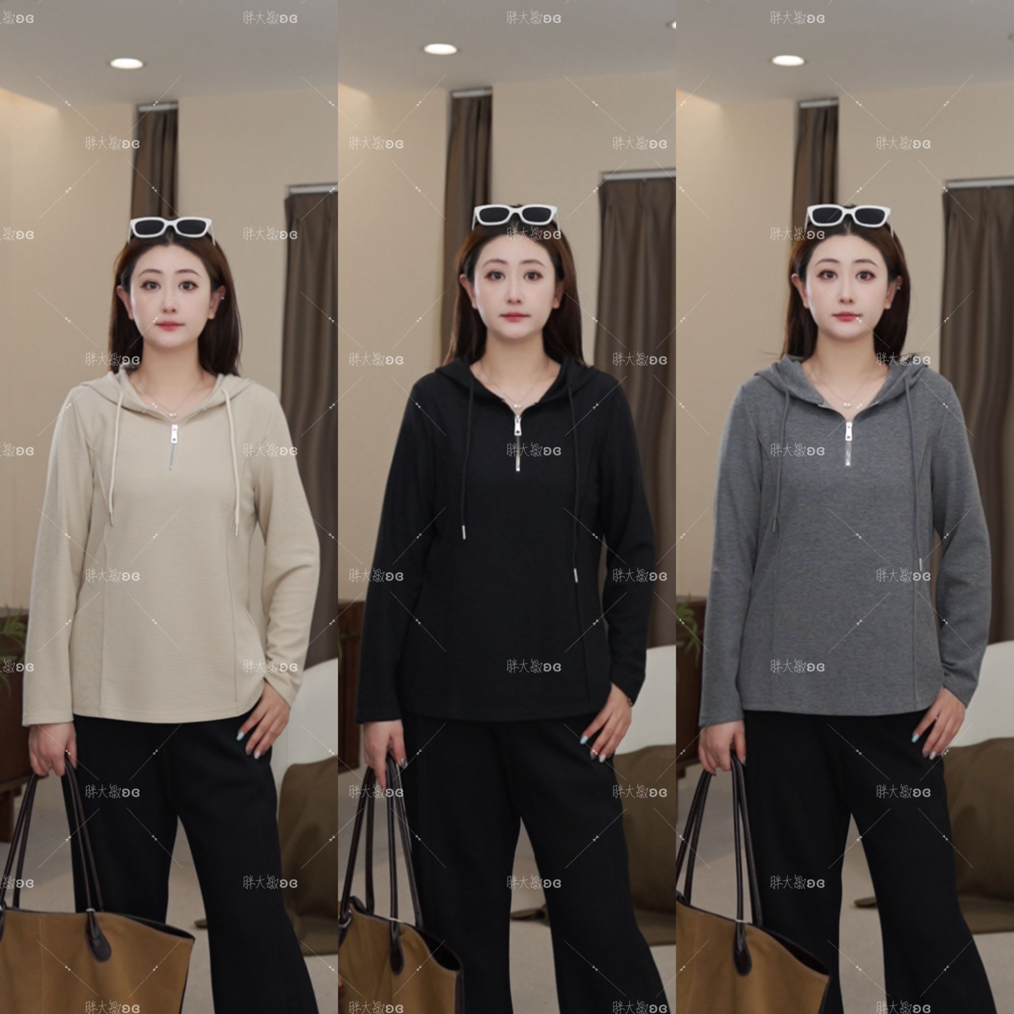 【秋款上新】PDM22573秋季新款显瘦正肩遮肉半拉链连帽大码女装上