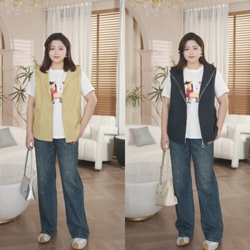 PWD33419【仅马甲】春季新款纯色连帽马甲大码女装【衣长68】