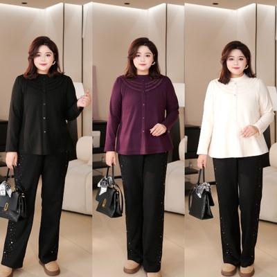 PWD33405【现货仅上衣】秋冬百搭时尚花边上衣大码女装【衣长68】