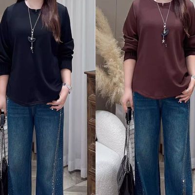 【上新】秋款上衣PDM22549秋季新款遮肉褶皱设计感圆领大码女装上