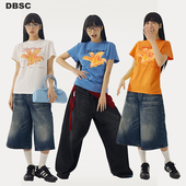 凉感冰皮面料T恤上衣女 复古百合印花正肩短袖 DBSC夏季 多巴胺美式