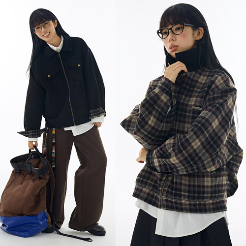 DBSC美式复古两面穿麂皮绒夹克男女同款复古宽松格子工装翻领外套