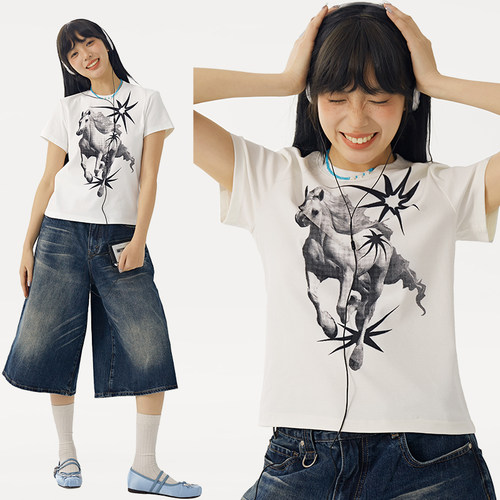 DBSC正肩美式复古印花短袖上衣女