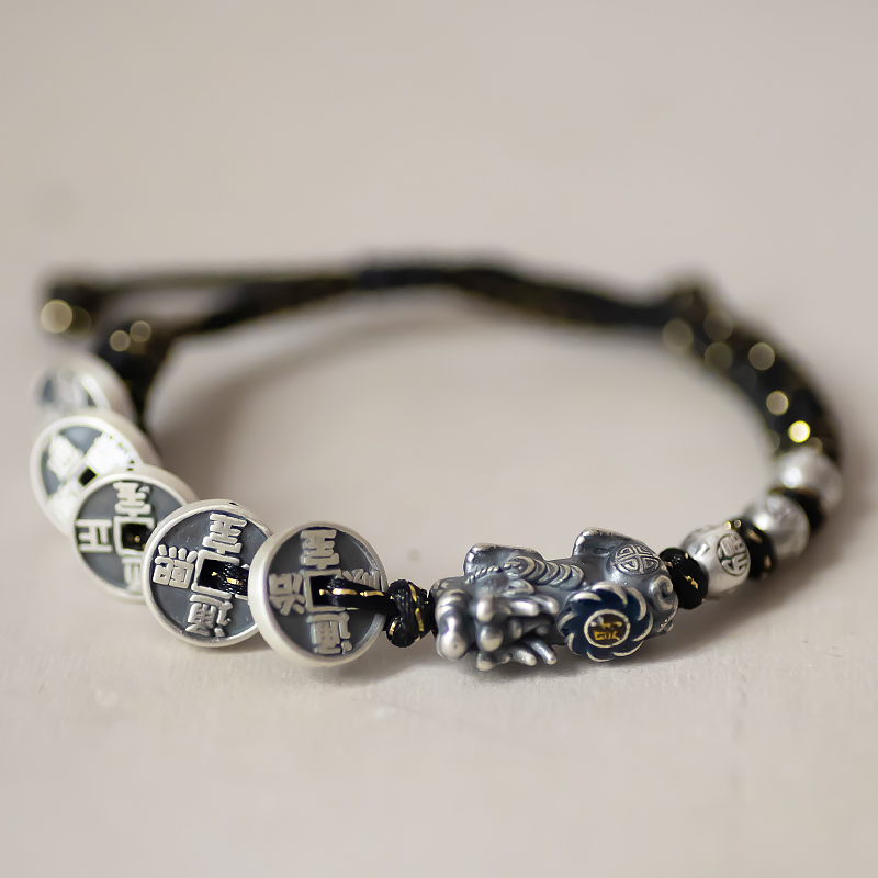 驭财 纯银足银999复古做旧景泰蓝貔貅福字小铜钱空心手链编织推拉
