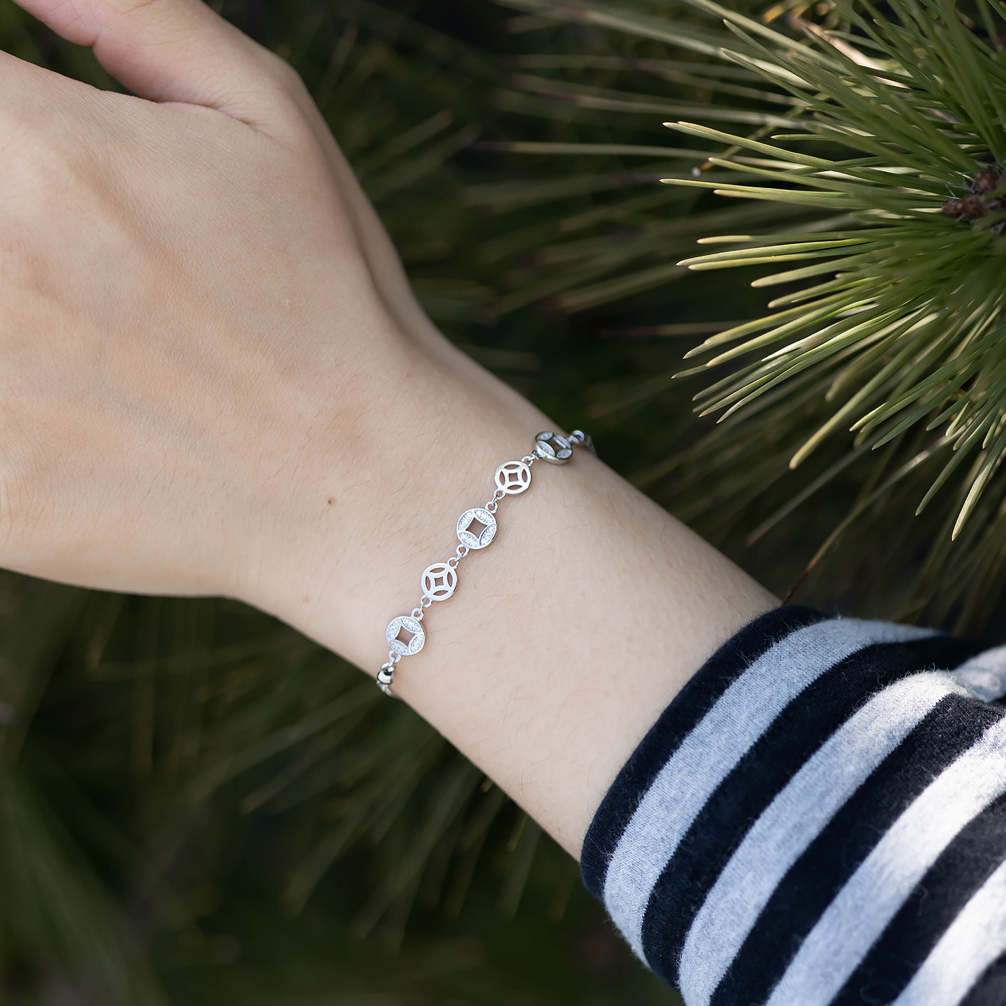 福瑞 纯银S925手链女铜钱锆石几何链条新中式手串小清新节日礼物