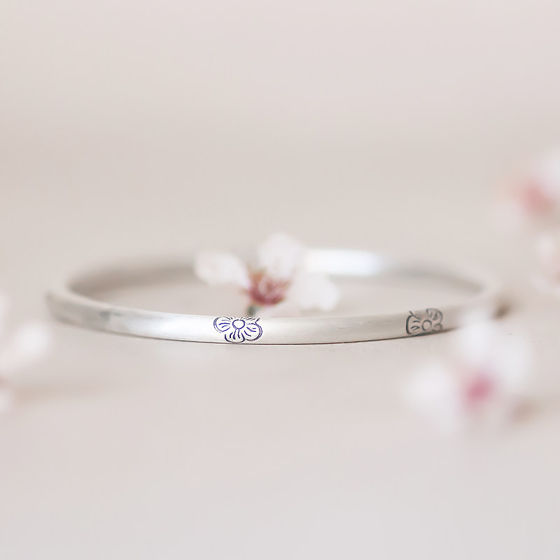 锦上 纯银9999手镯子梅花手工錾刻古法复古足银实心闭口国风素圈