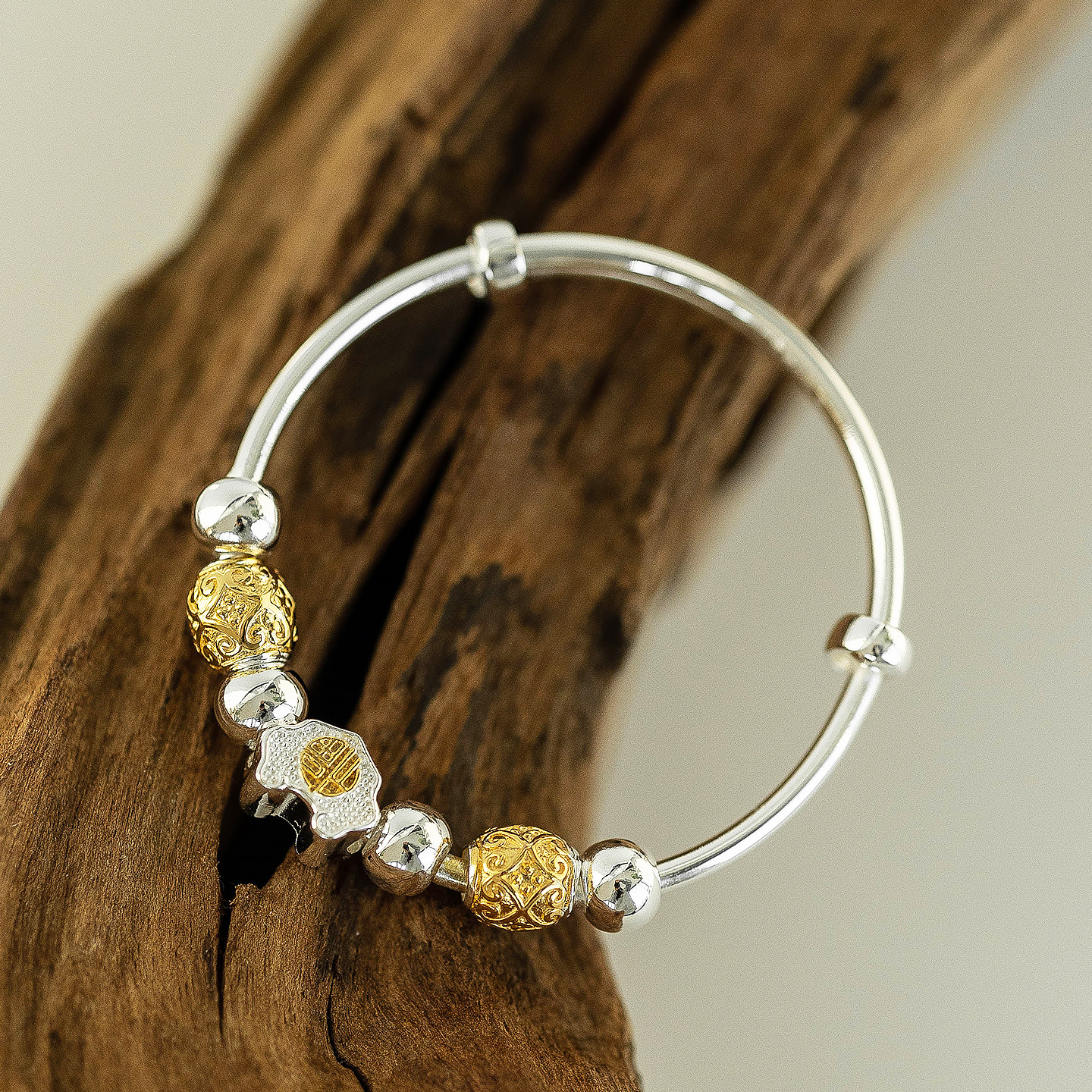 晴日照 足银999.9儿童婴幼儿光面福字镀金推拉手镯生日礼物满月礼