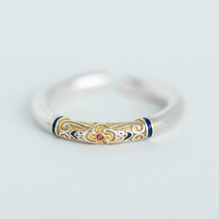 月照 指环 足银9999复古雕花纹戒指女开口可调节描金珐琅新中式