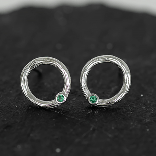 传灯 纯银S925复古不规则圆环绿锆石耳钉耳饰小众设计感拉丝礼物