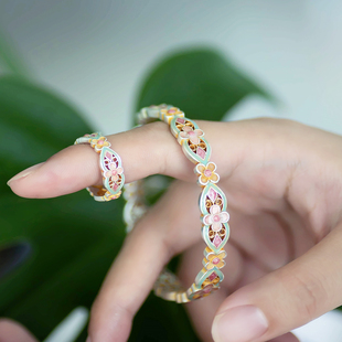 花想容 复古文艺手镯镂空开口戒指 足银9999描金珐琅彩国风新中式