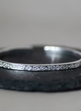 锻羽 足银999文艺复古花朵图腾细款手镯纯银小众中国风繁花似锦