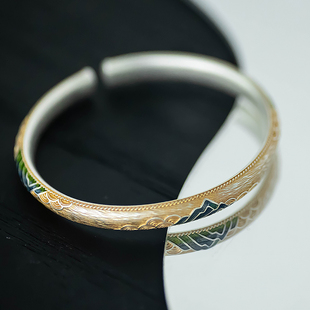 绘江山42g 纯银足银9999千里江山手镯描金珐琅彩复古国风轻奢开口
