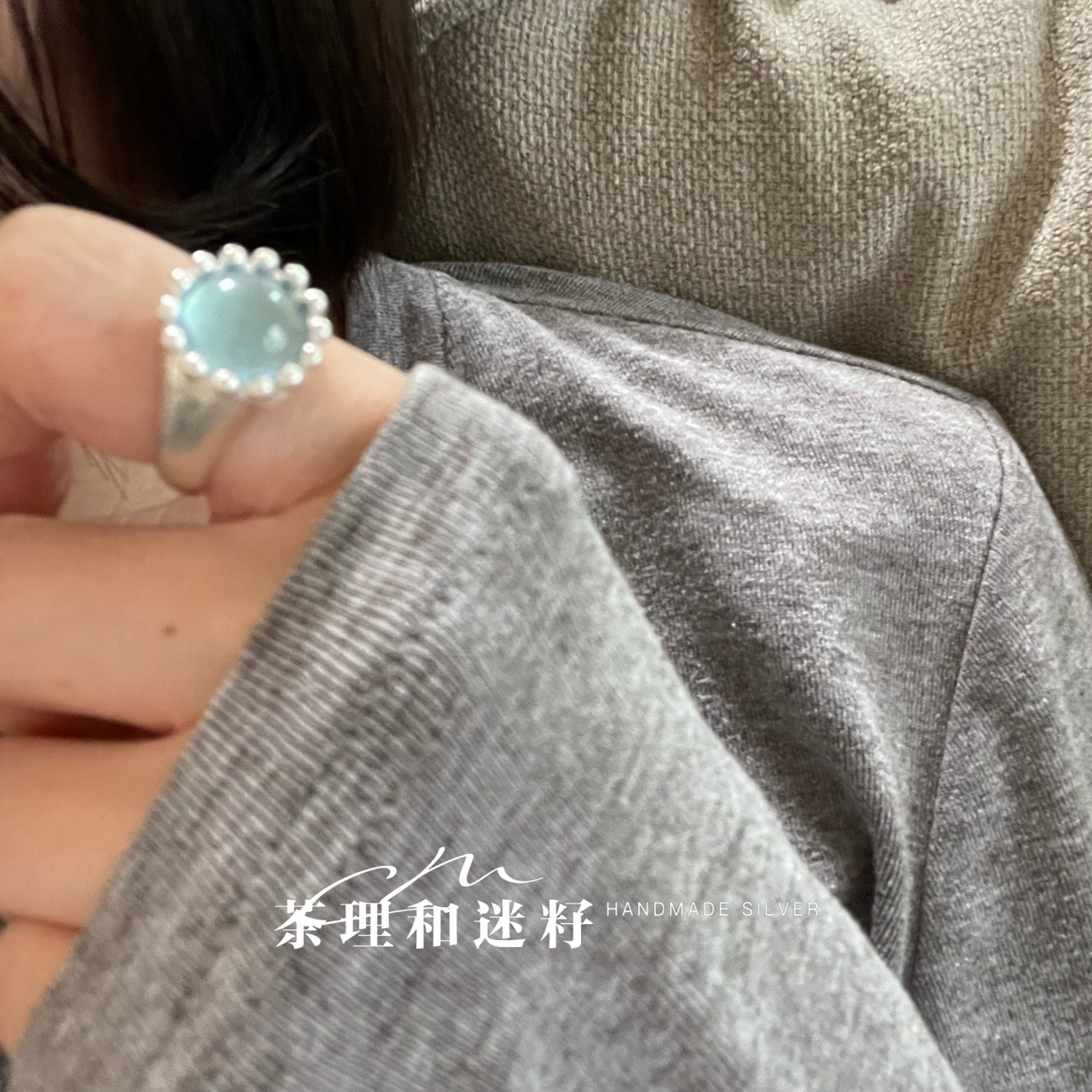 ChaliMizi 纯手工s925通体实心纯银天然海蓝宝戒指女小众设计情侣