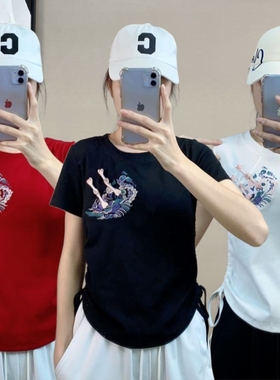 广场舞重工刺绣国风女夏2024年新款侧腰显瘦抽绳短袖上衣时尚百搭