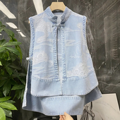 超好看新中式 国风牛仔马甲女春秋民族风网红宽松盘扣坎肩背心马夹