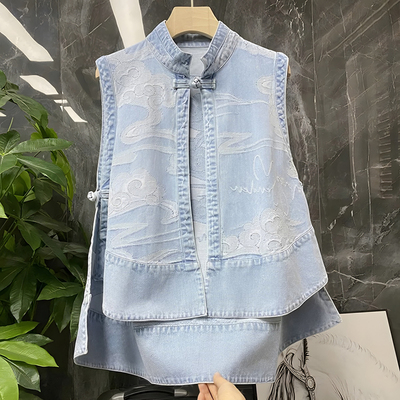 巨好看中国风提花牛仔马甲女