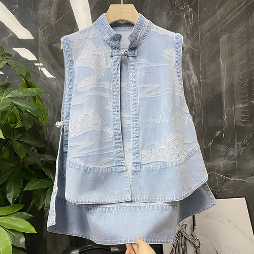 巨好看中国风提花牛仔马甲女