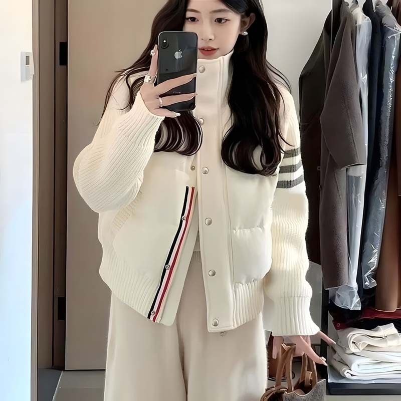 巨好看小个子显瘦不臃肿夹棉外套女2025秋冬保暖立领针织拼接棉服