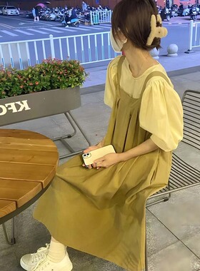 奶系穿搭一整套背带连衣裙女夏天微胖减龄淑女气质衬衫小个子套装