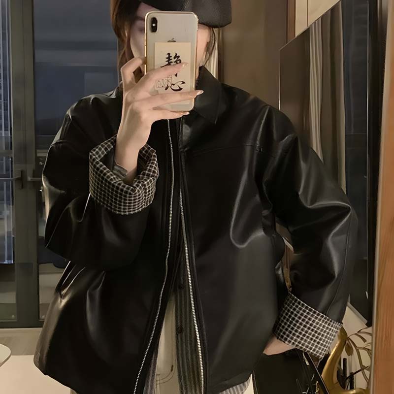 超好看拼接格子百搭PU翻领夹克