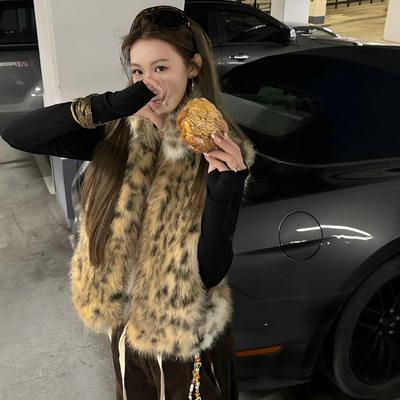 重工两面穿豹纹毛绒绒皮草马甲女