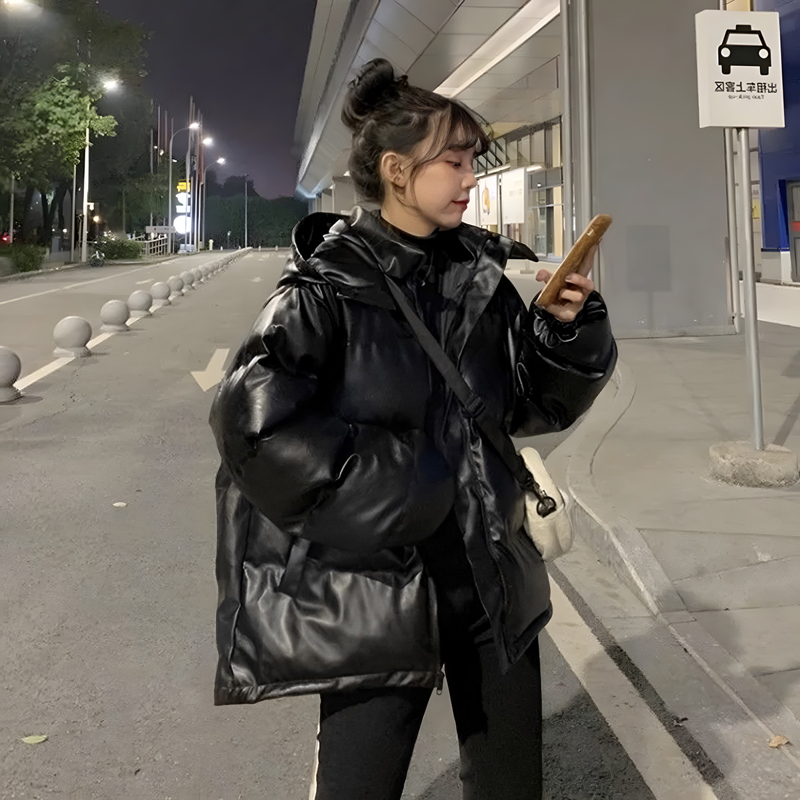 超好看PU皮黑色显瘦百搭棉服外套