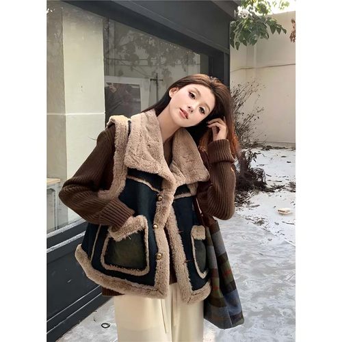 高级感小香风牛仔羊羔绒马甲女