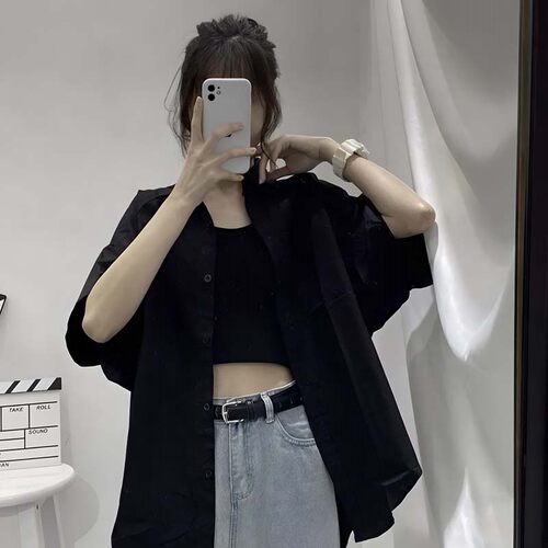 黑色日系宽松显瘦百搭短袖衬衫