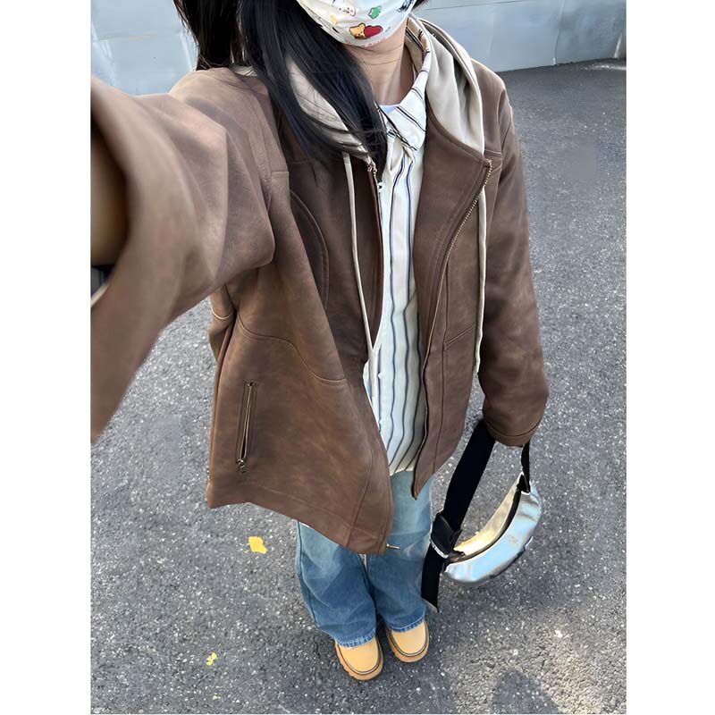 美式棕色pu皮连帽外套女小个子春秋新款超火酷飒风高级感机车夹克