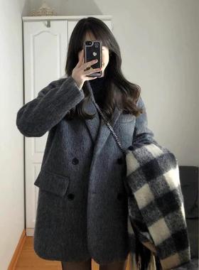 灰色西装大衣女高级感2024秋冬季新款加厚呢子小个子短款毛呢外套