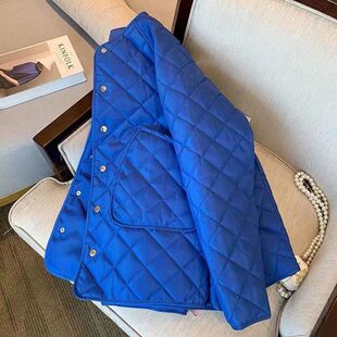 克莱因蓝菱格棉服女2024秋冬新款设计感小众复古港风夹棉保暖外套