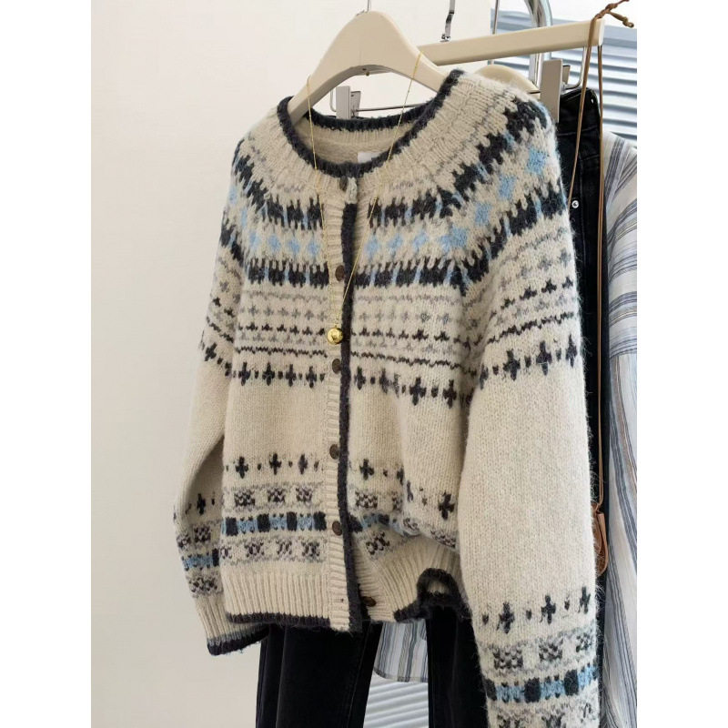 KANING高级感复古提花圆领针织开衫秋冬单排扣宽松费尔岛毛衣外套,女装/女士精品,羊绒衫,淘宝优惠券,粉丝福利购,淘宝优惠卷