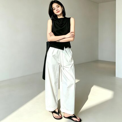 简约风泡泡裤高端凉感微弧型九分阔腿裤休闲女士裤子2026夏新款