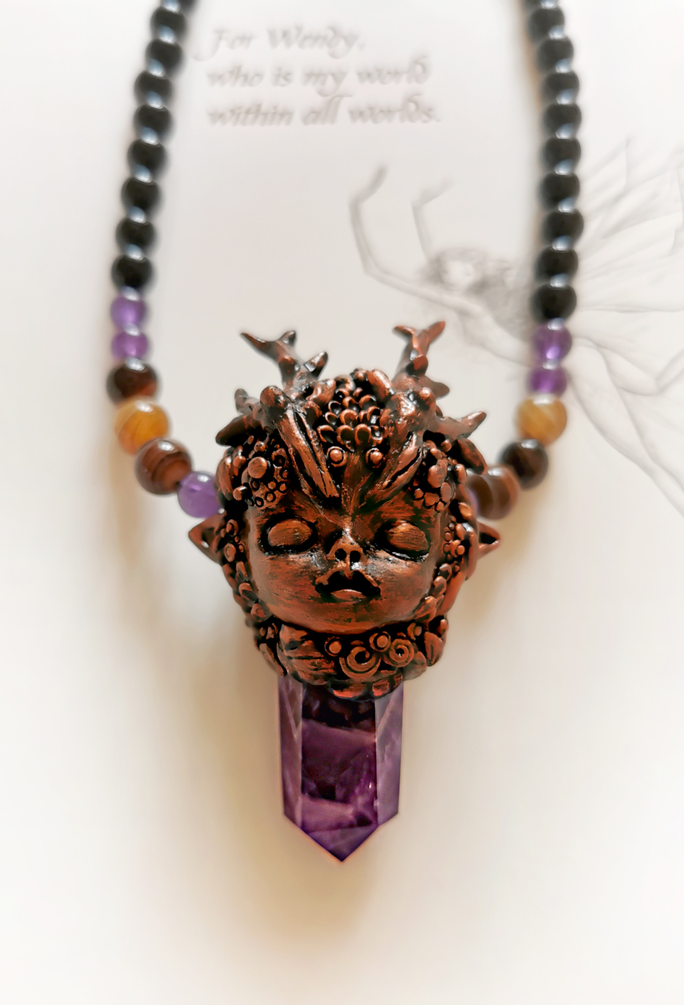 原创北欧天然紫水晶石柱项链吊坠精灵娃娃龙坤魂幻物毛衣链挂摆件