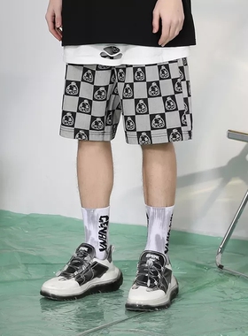 GENANX闪电潮牌直筒五分裤夏季卡通logo印花灰色棋盘格短裤牛仔裤