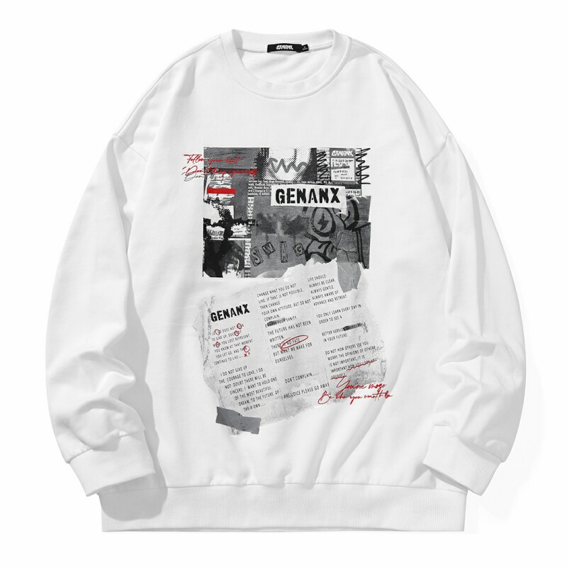 GENANX闪电潮牌圆领卫衣男宽松春季新款英文图案印花情侣款上衣