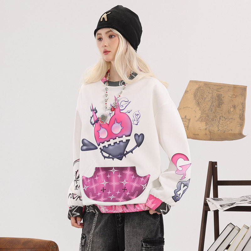 GENANX闪电潮牌2025秋季新款个性卡通印花学生质感通勤白色卫衣男