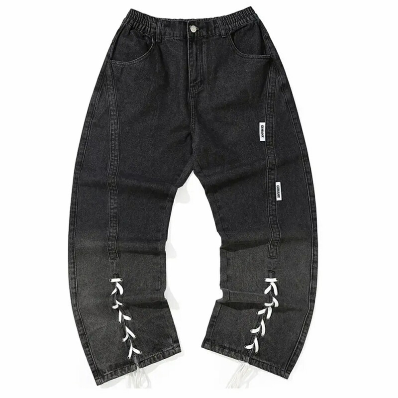 GENANX闪电潮牌春季新款牛仔裤长裤黑灰色水洗宽松直筒裤子男
