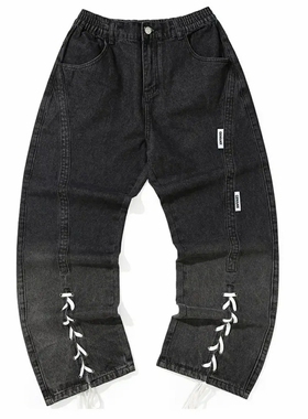 GENANX闪电潮牌春季新款牛仔裤长裤黑灰色水洗宽松直筒裤子男