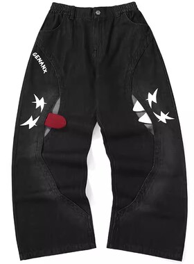 GENANX闪电潮牌新款印花设计宽松直筒垂感黑灰色牛仔裤男百搭