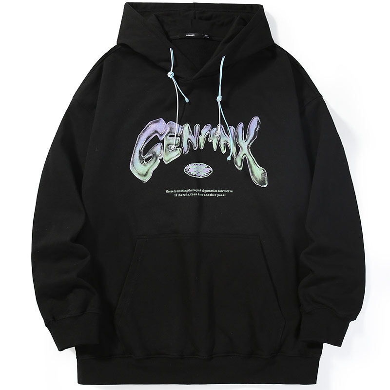 GENANX闪电潮牌黑色连帽加绒卫衣外套男女款2024秋冬季新款情侣装