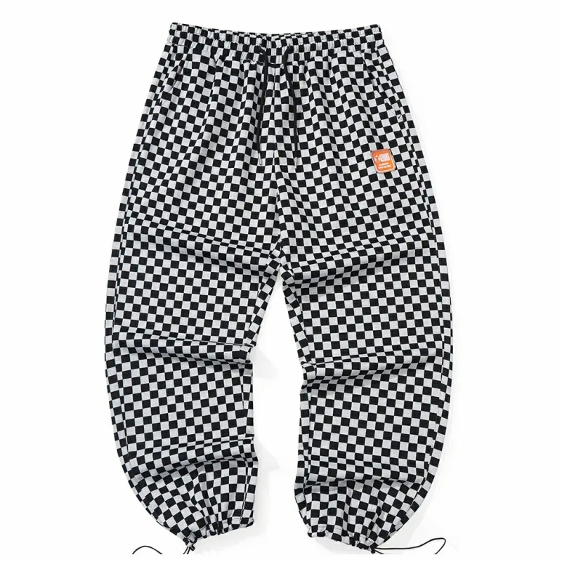 GENANX闪电潮牌细格纹休闲裤国潮秋季新款松紧腰黑白棋盘格裤子男