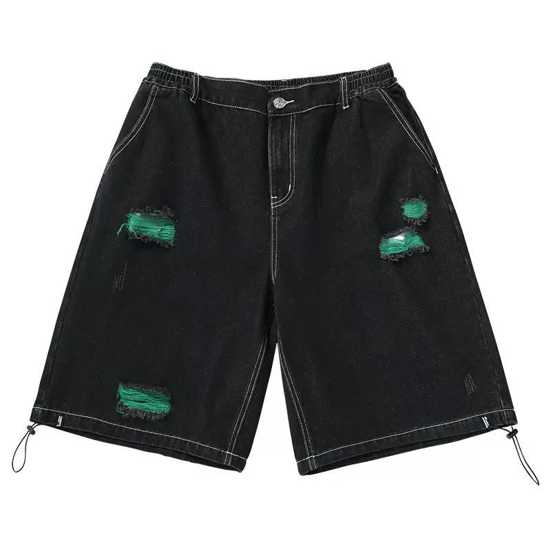 GENANX闪电潮牌夏季新款牛仔短裤五分裤破洞线须设计宽松裤子